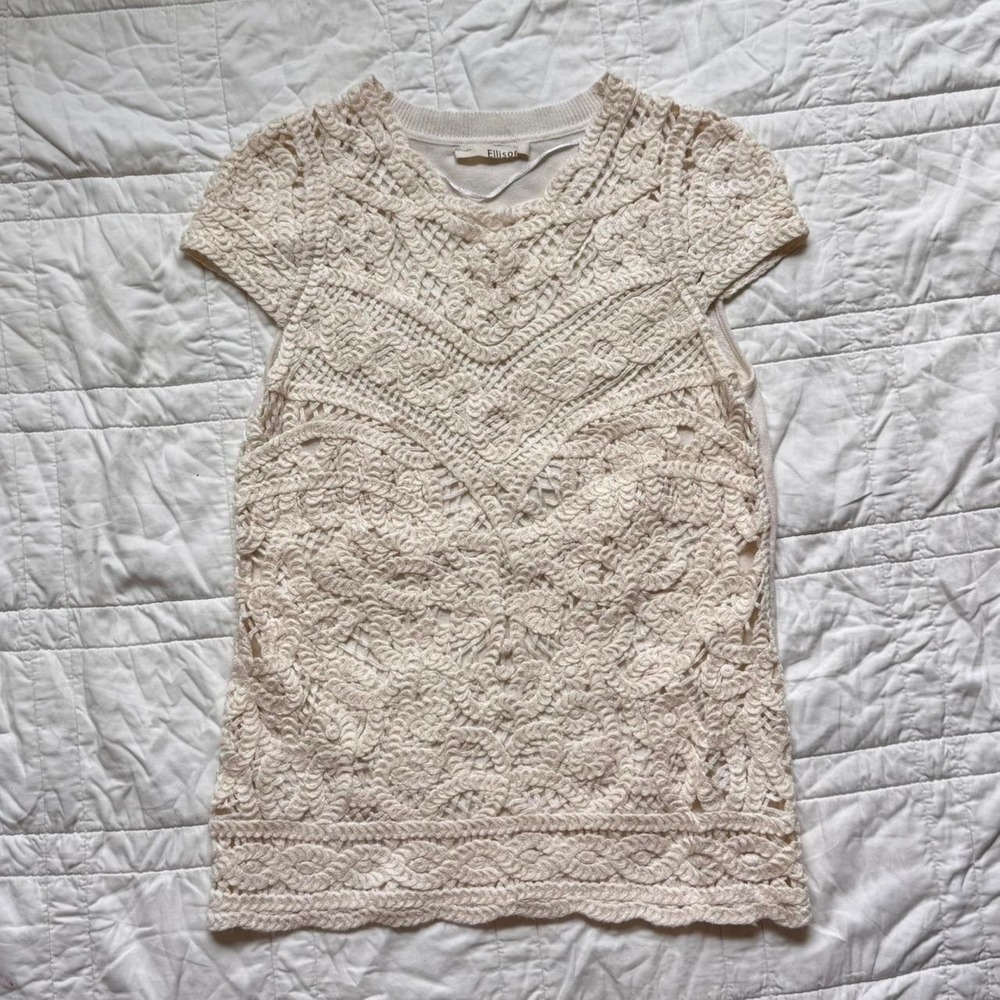 Ellison womens cream crochet knit top size S boho fairy cottage cap sleeve